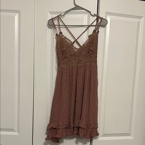 Elegant Brown Lace Trim Dress